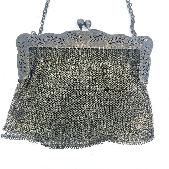 Antique German Silver Mesh Purse 6" x 5.5" with 9" Strap Drop - Picture 4 of 11